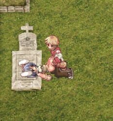 1boy 1girls animated artist_request blonde_hair blonde_male blue_hair bottomless_boots bottomless_female bottomless_shoes bunny_ears clothed_male clothed_sex disrespect fake_animal_ears fake_rabbit_ears female gloves grave gravestone graveyard headstone high_priest high_priest_(ragnarok_online) missionary missionary_position missionary_sex novice novice_(ragnarok_online) outside partially_clothed pixel_art public public_indecency public_sex purple_hair ragnarok_online tombstone vaginal_penetration