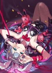 ahoge big_breasts blue_eyes blue_hair bunny_ears bunny_girl bunny_tail bunnysuit hatsune_miku heart huge_breasts huge_thighs long_hair nik_ibi pink_eyes pink_hair rabbit_hole_(vocaloid) ribbon smile stuffed_toy thighs twintails vocaloid