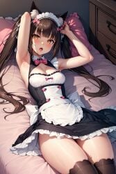 ai_generated armpits breasts cat_ears catgirl chocola_(sayori) cleavage drooling maid maid_uniform nekopara skindentation sweat thick_thighs thighhighs thighs twintails wet zettai_ryouiki