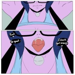 1girls cat_bell collar comic english_text equestria_girls female female_only glasses harness inuyuru my_little_pony purple_skin sci-twi shirt_up solo speech_bubble swallowing tongue_out unseen_female_face