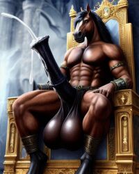 1boy ai_generated anthro cum cum_drip cumshot equid equine equine_genitalia equine_penis horse horse_penis horseballs horsecock huge_balls huge_cock lonely_man muscles muscular muscular_anthro muscular_male throne throne_room