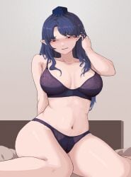 1girls 2d bedroom belly belly_button blue_hair blush breasts female iizunamaru_megumu long_hair looking_down mole mole_under_eye red_eyes shy son_(artist) source sweatdrop tengu tokin_hat touhou underwear