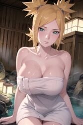 1girls ai_generated ai_yvetal bare_chest bare_legs bare_shoulders bare_thighs bathhouse big_breasts blonde_hair blush boruto:_naruto_next_generations cleavage collarbone embarrassed female female_only hot_spring huge_breasts large_breasts legs_together light-skinned_female light_skin looking_at_viewer mature mature_female milf nai_diffusion naked_towel naruto naruto_(series) onsen oppai ponytail quad_tails shiny shiny_hair shiny_skin sitting stable_diffusion teal_eyes temari thick_thighs thighs tied_hair towel towel_only voluptuous wet wet_body wet_skin