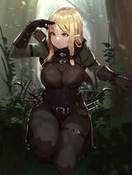 absurd_res absurdres aqua_eyes armor arrow bangs belt black_gloves black_hood black_legwear blonde_hair boots bow_(weapon) braid breasts bustier crouching day detailed_background elf female female_only forest gloves grass green_eyes hair_tubes high_resolution highres hood houtengeki huntress knife knives large_breasts leaves leotard light-skinned_female light_skin long_hair long_sleeves looking_away nature original outdoors pale-skinned_female pale_skin pantyhose pointy_ears quiver searching sneaking sneaky solo stealth sunlight tall_grass thigh_strap tree trees weapon wilderness woods