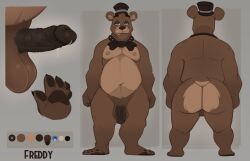 animatronic anthro ass backsack balls bear belly big_balls big_belly big_penis bow_tie brown_body chubby_anthro chubby_belly chubby_male clothing digital_media_(artwork) erection five_nights_at_freddy's freddy_(fnaf) genitals hat headgear headwear humanoid_genitalia humanoid_penis jumpy_jackal looking_at_viewer machine male male_only mammal model_sheet navel nipples nude overweight overweight_male pawpads paws penis robot scottgames simple_background slightly_chubby solo tail thick_penis top_hat vein