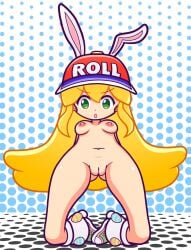 1girls 2023 accurate_art_style alternate_costume blonde_hair breasts bunny_ears female female_only furii_(artist) green_eyes hat long_hair mega_man mega_man(classic) mega_man_x_dive naked_footwear navel nipples nude nude_female pink_nipples presenting presenting_pussy pussy pussy_focus puyo_puyo_artstyle roll shoes simple_background small_breasts solo solo_female style_parody very_long_hair