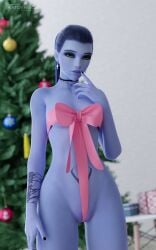 1girls 3d bow breasts choker christmas christmas_gift christmas_present christmas_tree female female_focus female_only functionally_nude_female gift katoyngo looking_at_viewer nail_polish naked naked_female nude nude_female nudity overwatch overwatch_2 purple_hair purple_skin pussy ribbon ribbon_only ribbons seductive seductive_look standing tattoo vagina widowmaker yellow_eyes