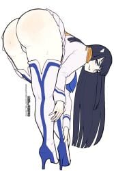 ass ass_focus bending_over big_ass big_butt black_hair junketsu kill_la_kill kiryuuin_satsuki long_hair looking_at_viewer looking_back looking_back_at_viewer redvenus skirt teasing thong uniform upskirt white_panties