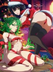 1boy 2girls ass big_breasts breasts christmas clothed clothing english_text esper_sisters felox08 female female_focus fubuki_(one-punch_man) genos green_eyes green_hair looking_at_viewer male multiple_girls nipples_visible_through_clothing one-punch_man short_hair tatsumaki text thick_thighs