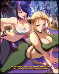 2girls abs ass big_breasts black_hair blonde_hair blue_eyes braided_hair breasts cammy_white choker cleavage collar english_text felox08 female female_only gym gym_clothes hand_on_butt juri_han large_breasts lollipop long_hair looking_at_another multicolored_hair multiple_girls muscular muscular_female scar solo_female spiked_bracelet spiked_collar splits street_fighter stretching text tight_clothing workout_clothes