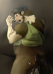 2013 after_rape after_sex anthro ass bear blush bodily_fluids bottomless bottomless_male brown_body brown_fur clothed clothing cum cum_in_ass cum_inside cum_on_butt forced forced_transformation fur genital_fluids green_clothing hi_res holding_arm human human_to_anthro izayoi_16 looking_at_viewer male male/male mammal mid_transformation rape rear_view saliva simple_background solo species_transformation sweat sweaty_face torn_clothing transformation transformation_through_sex