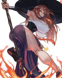 1girls 2023 ass bent_leg big_breasts dragon's_crown dress female female_only fire howxen long_hair looking_at_viewer looking_back looking_back_at_viewer narrowed_eyes orange_hair rear_view smiling smiling_at_viewer solo sorceress_(dragon's_crown) staff witch_hat