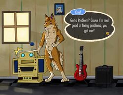 absurd_res amp animal_crossing animal_genitalia anthro balls canine chief_(animal_crossing) claws fur furniture guitar hi_res inside looking_at_viewer male male_only mammal musical_instrument nintendo nude orange_fur paws photo sheath solo stereo text video_games vulpinemutt white_fur window wolf