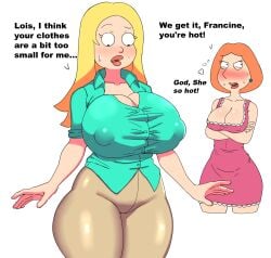 2girls american_dad big_ass big_breasts boob_window clothed clothing_swap crossover family_guy female female_only francine_smith huge_breasts jealous lois_griffin multiple_girls nipples_visible_through_clothing no_bra sivilcore sivildreams