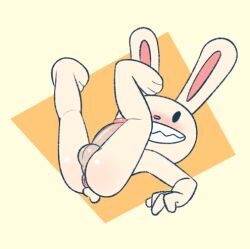 anthro anus balls biped blush erection gemsum genitals lagomorph legs_up leporid low_res lying male male_only mammal max_(sam_and_max) on_back penis rabbit sam_and_max simple_background smile solo white_body