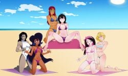 6girls anoneysnufftan applying_sunscreen beach bikini black_hair blonde_hair blue_eyes comeuppance crossover dark-skinned_female dark_skin dc dc_comics dcau defeated defeated_villainess draculaura embarrassed female female_only green_eyes hotel_transylvania humiliation imminent_death justice_league killer_lotion kneeling legs_apart long_hair massage mavis_dracula monster_high multiple_girls murder ocean ok_k.o.!_let's_be_heroes orange_skin outdoors outside peril pink_hair power_girl punishment red_eyes red_hair rubbing sand seaside seated short_hair sitting sky snuff starfire summer sunbathing swimsuit teen_titans towel vampire vampire_girl wilhamena zatanna