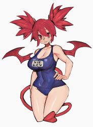 :3 alternate_breast_size cleavage demon_girl disgaea disgaea_1 etna female large_breasts manobece nippon_ichi_software one-piece_swimsuit red_eyes red_hair swimsuit thick_thighs white_background wide_hips