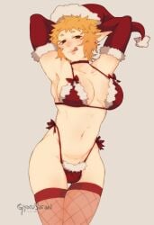 1futa :q adraste_(gyarusatan) arms_behind_head armwear artist_name big_breasts bikini blonde_hair breasts bulge choker christmas christmas_headwear christmas_outfit clothed clothing elbow_gloves elf elf_ears elf_futanari fishnet_stockings futa_only futanari gloves gyarusatan hi_res human licking_lips light-skinned_futanari light_skin looking_at_viewer mostly_nude narrowed_eyes pointy_ears simple_background smiling smiling_at_viewer solo standing stockings tongue tongue_out