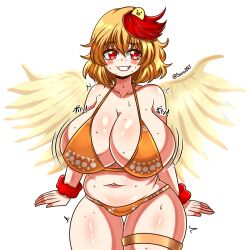 big_breasts bikini blonde_hair chicken chicken_wings chubby chubby_female fat fat_female fat_girl fat_woman kutaka_niwatari overweight overweight_female raised_eyebrow red_eyes seireiart short_hair smile smiling sweat sweatdrop sweating thick_body thick_thighs thighs touhou wings yellow_body yellow_wings