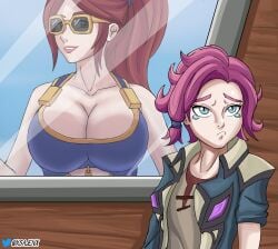 2girls artist_name artist_signature bare_shoulders big_breasts breast_press breasts breasts_against_glass breasts_focus breasts_on_glass busty cassie_(paladins) cleavage female female_focus female_only hi_res high_resolution highres large_breasts light-skinned_female light_skin maeve_(paladins) mastrophobia_car_boob_window_meme meme multiple_girls paladins paladins_champions_of_the_realm ponytail red_hair smile smiling sunglasses sunkissed_cassie swimsuit swimwear tinted_eyewear window woman_scared_of_breasts_(meme) xsajenx