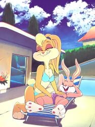 2girls age_difference babs_bunny bikini closed_eyes cub d-rock eyes_closed female female/female female_only fingering fingering_under_clothes flat_chest furry furry_female hi_res highres lagomorph lola_bunny looney_tunes massage multiple_girls pool poolside rabbit small_breasts smile space_jam sunbathing swimsuit tiny_toon_adventures warner_brothers young younger_female