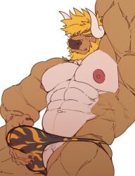 2023 2_horns abs anthro balls beard biceps blonde_hair bovid bovine brown_body brown_fur bulge cattle deltoids facial_hair fur genitals hair hand_behind_head horn male mammal matcharyu muscular muscular_anthro muscular_male muscular_thighs navel nipples obliques pecs penis penis_base simple_background solo triceps white_background yellow_eyes