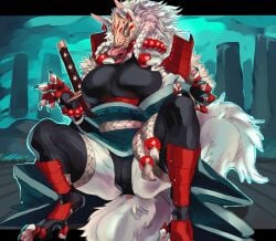 2025 5_fingers absurd_res alternate_version_at_source animal_mask anthro anus_peek armor asian_mythology beaded_bracelet beaded_jewelry beaded_necklace beads belt big_breasts big_tail biped black_clothing black_coat black_fingerless_gloves black_gloves black_handwear black_legwear black_thigh_highs black_topwear black_underwear blue_claws bracelet braided_hair braided_pigtails breasts camel_toe canid canine cheek_tuft claws clothed clothing coat colored crouching detailed_background dewclaw digital_media_(artwork) digitigrade ear_piercing ear_ring east_asian_mythology facial_tuft female female_anthro finger_claws fingerless_gloves fingerpads fingers fluffy fluffy_tail fox fox_mask fox_spirit front_view full-length_portrait fully_clothed fur gloves hair handwear hi_res huge_breasts humanoid_hands japanese_mythology jewelry katana legwear long_tongue looking_at_viewer magatama mammal mane mask melee_weapon monotone_body monotone_fur monotone_tail mythology neck_tuft necklace open_clothing open_coat open_topwear outside pawpads piercing pink_inner_ear pink_pawpads pink_tongue portrait pose red_armor red_eyes ring_piercing rope rope_belt samurai shaded shin_guards shoulder_guards sky solo sword tail teal_claws thick_thighs thigh_highs toe_claws toeless_legwear tongue tongue_out topwear tuft twintails underwear warrior weapon white_body white_ears white_fur white_tail yokai zerolativity