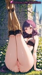 1girls 2025 ai_generated anus ass bangs boots bottomless bra braid breasts castle closed_mouth clothing_cutout earrings elf elf_ears esil_radiru female flower hi_res high_heels highres jewelry juicy_butt kneepits labia labia_majora legs_together legs_up long_hair looking_at_viewer natsuyoru outdoors patreon pointed_ears pointy_ears purple_eyes purple_hair pussy red_eyes sitting smile solo solo_leveling thighs uncensored underwear vagina voluptuous voluptuous_female