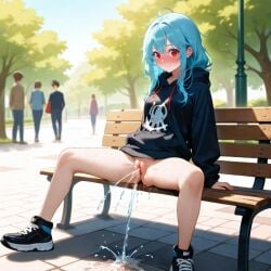 3boys ahoge ai_assisted ai_generated aoi_tsuki arm_support backpack bag bangs bare_legs bench black_footwear black_hoodie blue_hair blush bottomless breasts clothes_writing day exhibitionism eyebrows_visible_through_hair female fence full_body hair_between_eyes hood hood_down hoodie lamppost long_hair long_sleeves looking_at_viewer male multiple_boys no_panties no_socks outdoors park park_bench peeing public_nudity pussy pussy_juice red_eyes shadow shoes sitting sleeves_past_wrists small_breasts smile sneakers solo_focus spread_legs sunlight tree urine