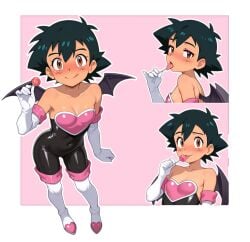 ai_assisted ai_generated black_hair blush brown_eyes cosplay crossdressing eyeshadow femboy feminization gay lollipop makeup pokemon rouge_the_bat_(cosplay) satoshi_(pokemon) simple_background solo tongue_out