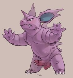 2024 3_toes 4_fingers balls belly bodily_fluids brown_background claws digital_media_(artwork) dripping dripping_penis erection fangs feet feral finger_claws fingers front_view generation_1_pokemon genital_fluids genitals glance hi_res hindpaw horn humanoid_genitalia humanoid_genitalia_on_feral humanoid_penis humanoid_penis_on_feral leaking_precum looking_at_viewer looking_down looking_down_at_viewer male male_only mammal nidorino nintendo on_two_legs paws penis pokemon pokemon_(species) precum precum_drip purple_body sharp_teeth simple_background solo spikes spikes_(anatomy) standing storagepc teeth thick_arms thick_thighs toe_claws toes watermark