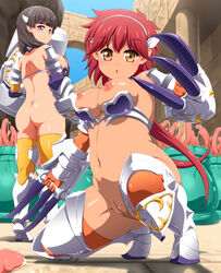 2girls areolae armor ass black_hair bottomless breasts cameltoe capitan_(tsyoujo) claws cleft_of_venus gauntlets greaves highres holding holding_weapon kneeling large_breasts long_hair looking_at_viewer looking_back low_twintails mallet medium_breasts monster multiple_girls nipples nude open_mouth original purple_eyes pussy red_hair short_hair smile squatting standing structure suggestive_fluid twintails weapon yellow_eyes