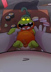 2023 anal anthro balls belly bodily_fluids characiform cum dreamworks duo erection fish food genital_fluids genitals green_body grey_body hi_res kemono leothelionel lying male male/male marine mr._piranha_(the_bad_guys) mr._shark_(the_bad_guys) navel open_mouth overweight overweight_male penis piranha_(fish) serrasalmid sex shark size_difference stomach_bulge sushi the_bad_guys