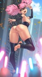 1girls anus anus_peek armpits ass ball_earrings black_boots black_dress black_gloves boku_no_hero_academia boots bottomless breasts cameltoe confetti crowd dress elbow_gloves eye_mask female female_only from_behind full_body gloves glowstick haneyama_kazuho highres holding holding_glowstick kagato007 large_breasts light-skinned_female looking_at_viewer looking_back medium_hair my_hero_academia no_panties pink_hair platform_boots pop_step pussy red_eyes short_twintails small_breasts smile solo standing standing_on_one_leg teeth thigh_boots twintails upper_teeth_only v