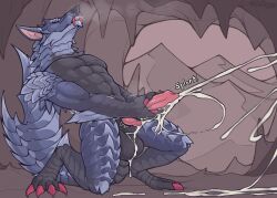 2025 absurd_res anthro balls big_balls big_penis blue_body bodily_fluids capcom cave claws closed_eyes cum ejaculation excessive_cum excessive_genital_fluids fanged_wyvern fangs genital_fluids genitals hand_on_penis hi_res lunagaron male masturbation monster_hunter motion_lines mountain multicolored_body muscular muscular_anthro muscular_male nude_anthro penis solo taffhazy tail teeth text tongue tongue_out