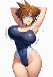 1girls ai_generated armpits arms_behind_head blue_eyes bouncing_breasts breasts disney female genderswap_(mtf) kingdom_hearts large_breasts leotard rule_63 short_hair sora_(kingdom_hearts) spiked_hair square_enix