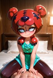 1boy ai_generated animal_ears bear_ears bear_girl bed black_pantyhose blue_dress blush braid brawl_stars breasts closed_mouth cowgirl_position dress female green_dress hair_ornament indoors looking_at_viewer male nita_(brawl_stars) on_bed pantyhose pillow pov red_hair shiny short_dress sitting_on_person sleeveless sleeveless_dress small_breasts smile solo_focus straddling straight twin_braids x_hair_ornament
