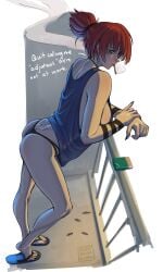 ass black_panties blue_tank_top breasts cigarette cigarette_pack english_text female flip-flops full_body girls'_frontline girls'_frontline_2:_exilium green_eyes holding_own_wrist lentine looking_at_viewer mole mole_under_eye no_bra no_pants panties puto_trash red_hair sandals short_hair sideboob smoking solo string_panties tank_top underwear