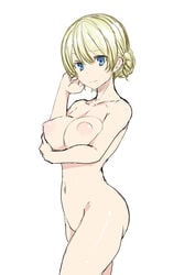 areolae ass blonde_hair blue_eyes blush breasts collarbone darjeeling female girls_und_panzer groin highres large_areolae large_breasts navel nipples nude puffy_nipples simple_background solo tomliat white_background