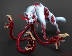 2025 3_mouths ambiguous_gender black_nose blood bodily_fluids bone canid canine canis claw_marks claws exposed_bone feral glowing glowing_eyes gore hi_res lichfang looking_at_viewer mammal monster multi_mouth open_mouth quadruped red_eyes sharp_teeth simple_background solo standing teeth undead white_body wolf zombie