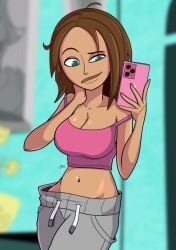 2d bare_midriff blue_eyes bonnie_rockwaller brown_hair busty cleavage disney disney_channel female female_focus female_only hourglass_figure jumpdriiver kim_possible navel navel_piercing phone piercing selfie short_hair tagme tan tan_body tan_skin wide_hips