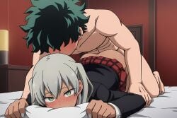 abs, ai_generated ambiguous_sex,arched_back, ass, backshots bedroom biting_pillow blush, boku_no_hero_academia curling_toes curvy, detailed_background, dominant_male face_down_ass_up, green_eyes, green_hair, huge_ass izuku_midoriya izuku_midoriya, kissing_neck kissing_while_penetrated maka_albarn midoriya_izuku muscular muscular_male my_hero_academia my_hero_academia, panties_removed pinned_down red_background, red_skirt, sex, skirt, soul_eater submissive_female, sweat, tan, thighs, white_nails,