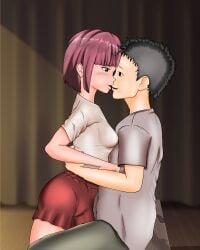 1girl1boy between_legs clothed, desert_punk dominant_female facing_another female hand_around_waist hands_on_another's_chest hips imminent_kiss koizumi_taiko male mitsuru_koidemizu nemisis shorts sitting standing