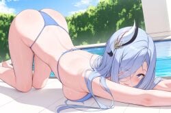 1girl 1girls anime_style arched_back arching_back ass barefoot bikini blue_eyes blue_hair blush blushing boob_squish breasts clouds digital_drawing_(artwork) digital_media_(artwork) female female_focus female_only female_solo genshin_impact hoyoverse long_hair looking_at_viewer mihoyo mihoyo_technology_(shanghai)_co._ltd. outdoors outside pool presenting provocative rosumerii shenhe_(genshin_impact) shiny_ass shiny_skin smile smiling solo solo_female solo_focus stretching swimming_pool swimsuit swimwear tagme water wet