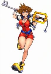 1girls ai_generated belt breasts cleavage disney female genderswap_(mtf) keyblade kingdom_hearts large_breasts rule_63 running shoes sora_(kingdom_hearts) square_enix