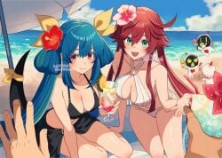 2boys 2girls arm_support bare_shoulders beach bikini black_bikini blue_hair blue_sky blush breasts cleavage cloud collarbone cup dizzy_(guilty_gear) drink drinking_straw female food green_eyes guilty_gear guilty_gear_strive hair_between_eyes hair_rings holding holding_cup ice_cream jack-o'_valentine jewelry ky_kiske large_breasts long_hair male mother_and_daughter multiple_girls navel o-ring o-ring_bikini o-ring_top ocean open_mouth pov pov_hands red_eyes red_hair ribbon ring sand_castle sand_sculpture sidelocks sky smile sol_badguy swimsuit tagme tail tail_ornament tail_ribbon twitter_username umbrella ume_(okum_00) white_bikini