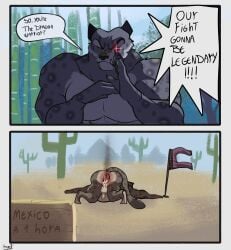 absurd_res after_sex anal anthro anus ass ass_up balls barazoku bodily_fluids bottomwear cactus clothing comic country cum cum_in_ass cum_inside desert dialogue dreamworks feet felid feline felis genital_fluids genitals hi_res humiliation humor inflation inflation kung_fu_panda leopard lying male mammal muscular muscular_anthro muscular_male nude nude_anthro nude_male on_front pantherine pants penis pinumontbalou plant sign smoking snow_leopard solo speech_bubble spread_anus spreading sweat tai_lung_(kung_fu_panda)