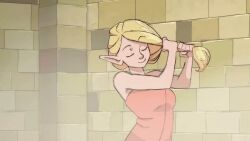 2girls animated assisted_exposure blonde_hair breasts dungeon_meshi elf falin_touden female female_only latenightsexycomics marcille_donato multiple_girls nude nude_female surprised towel yuri