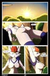 absurd_res after_sex anthro bodily_fluids breasts cinderace comic cum cum_inside female forest fur generation_8_pokemon genital_fluids hi_res light nintendo nipples nude plant pokemon pokemon_(species) r3ptart rear_view side_view solo speech_bubble stretching sunlight text tired tree white_body white_fur