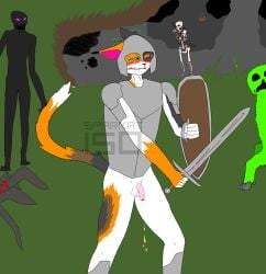 absurd_res anthro armor blush bottomless bottomless_male calico_cat clothed clothing domestic_cat felid feline felis group hi_res leaking_urine male mammal microsoft minecraft mojang omorashi pee_desperation sparkat150 tears_of_desperation xbox_game_studios